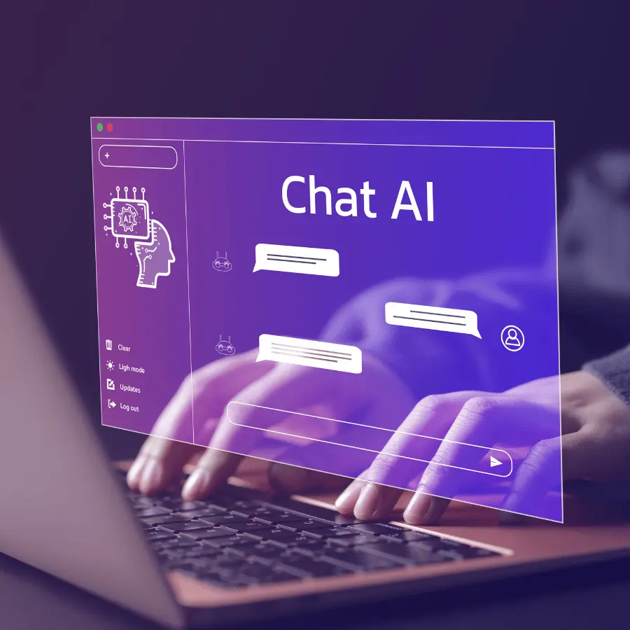 bàn tay gõ bàn phím với khung chat AI